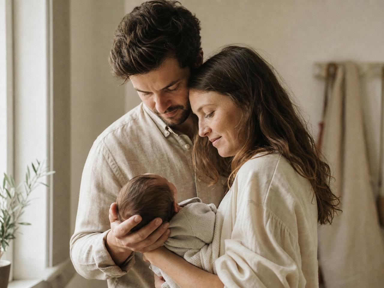 Parents holding a newborn in soft natural light