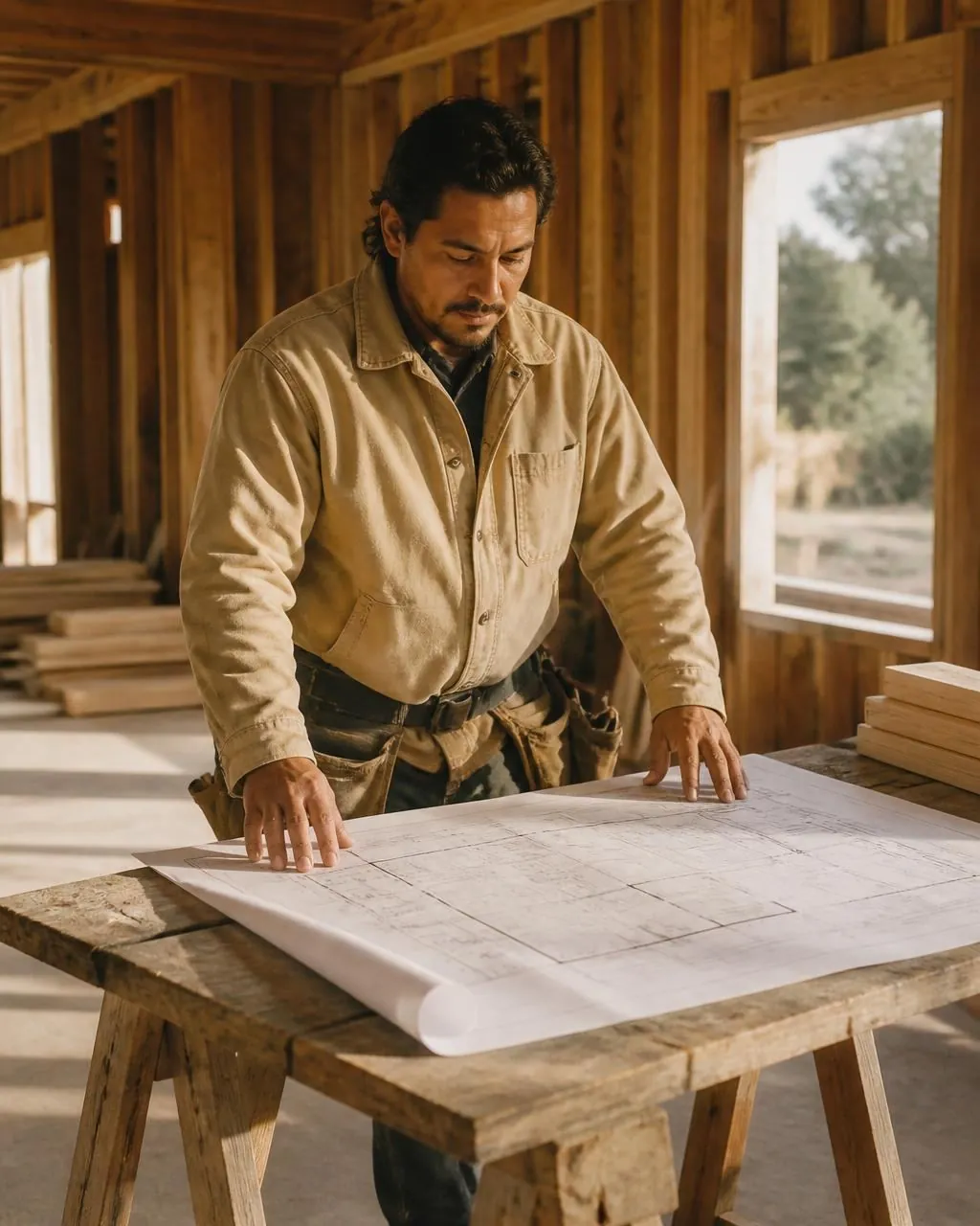 A builder reviewing plans at a workbench inside a home under construction