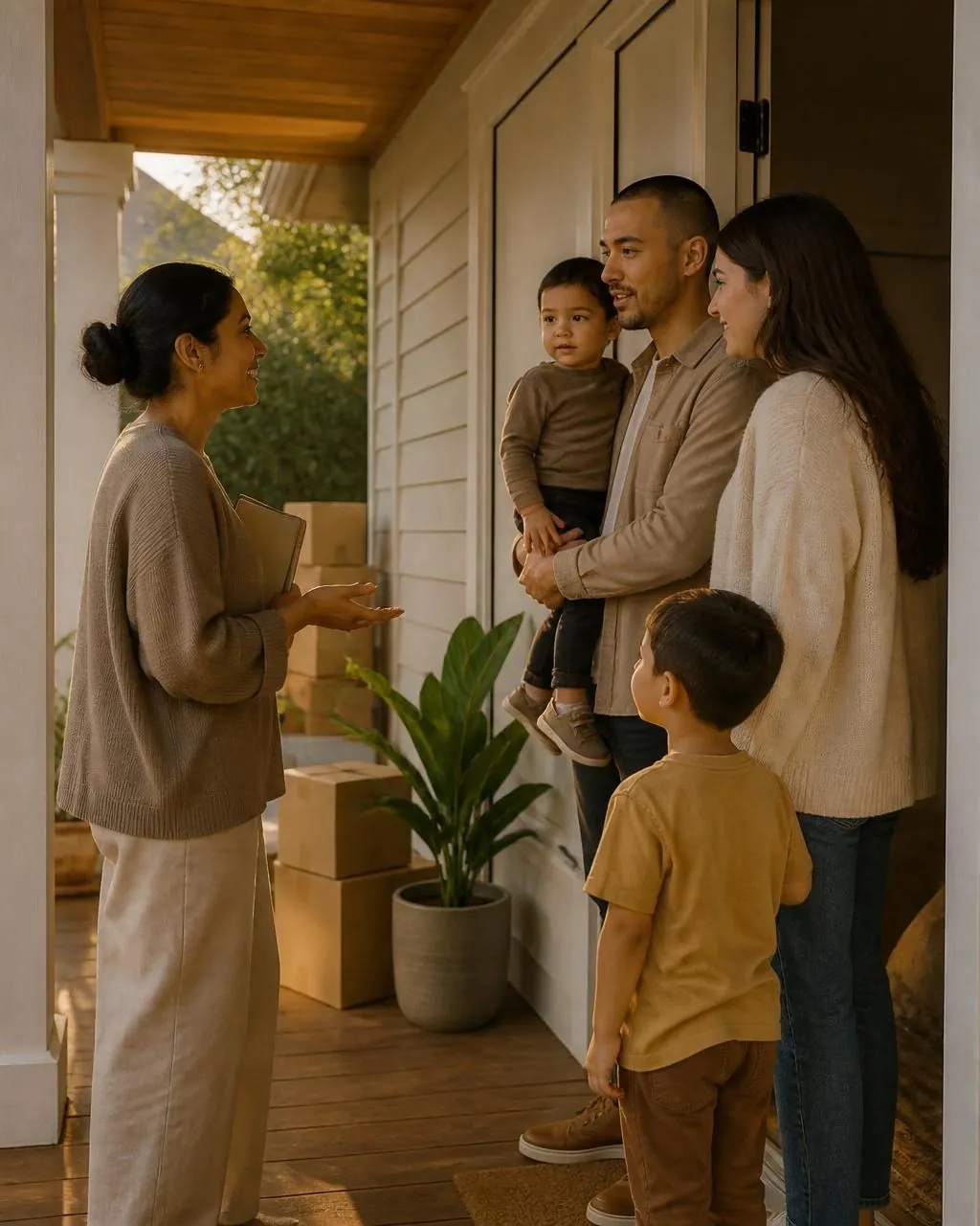 An agent welcoming a young family with two children at the front door of their new home, moving boxes behind them