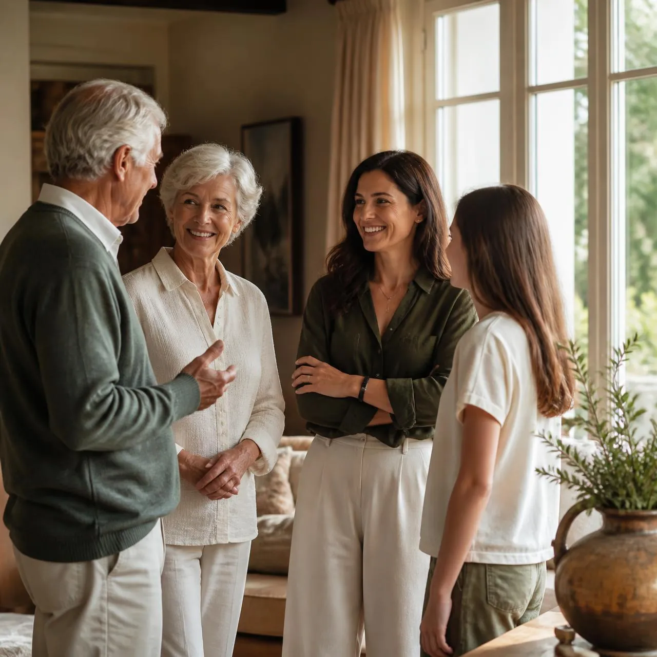 Three generations of a family talking together near tall windows in a warm sunlit living room